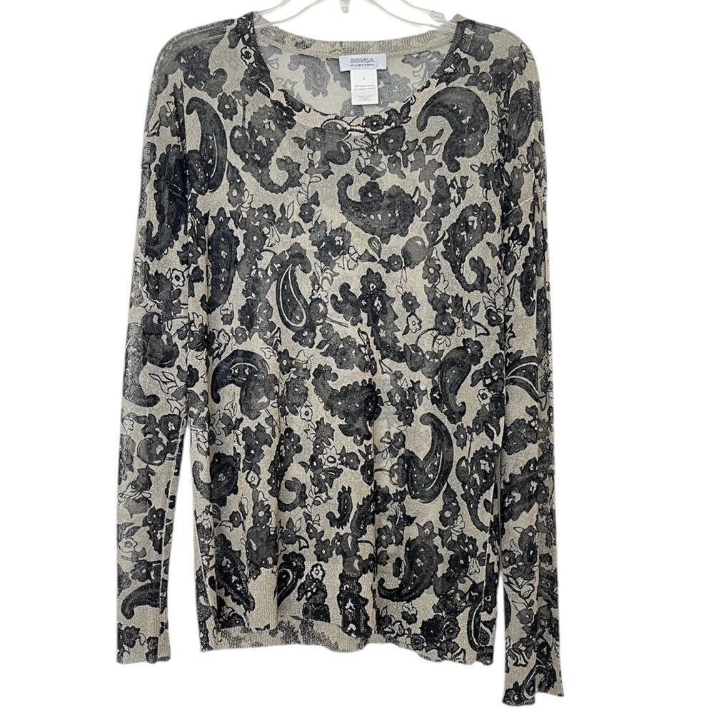 Sonia by Sonia Rykiel Sheer Top Large Black Gold Paisley Floral Elegant Pullover